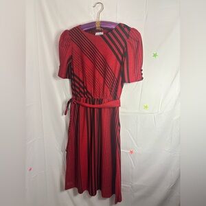 VTG 80’s Spunky Goth Red Black Striped Puff Sleeve Dress with Tie Size L